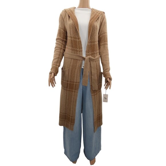 Sincerely Jules Plaid Hooded Belted Cardigan Coatigan M Tan Cozy Cabincore Boho - Picture 6 of 13
